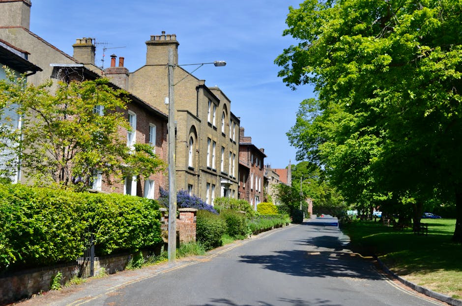 A narrow garden pathway flanked by dense, leafy trees and shrubs forming a natural arch overhead, with bright green leaves creating a canopy that filters sunlight onto the cobblestone path. The pathwa